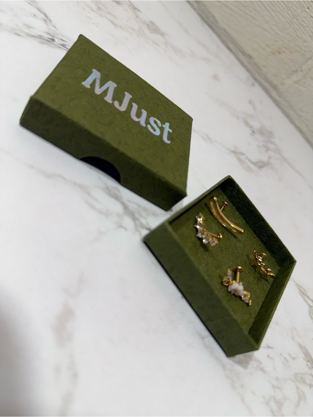 Delicate Gold Floral Crystal Helix Earrings with White Enamel Flower